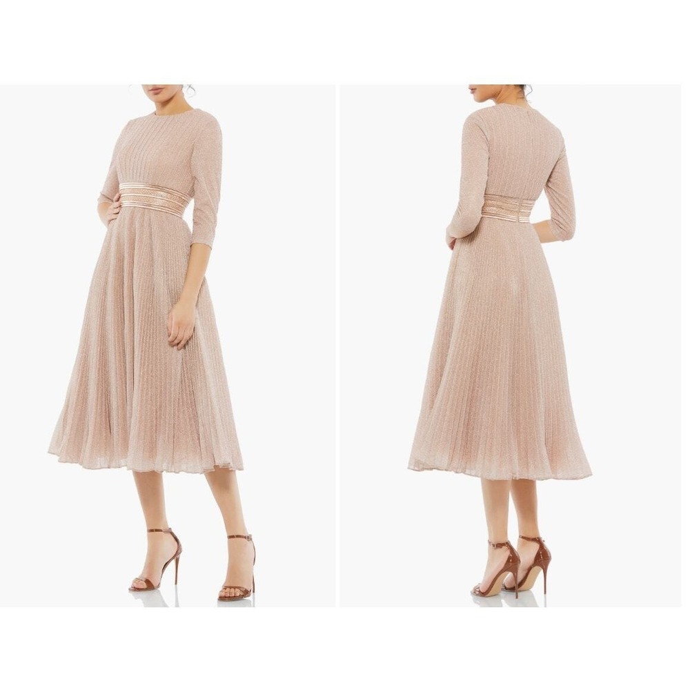 Mac Duggal 30750 Rose Gold Metallic Pleated A-Line Midi Cocktail Dress